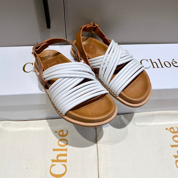 CHLOÉ CROSS STRAP SANDAL IN WHITE MIX BRONZE BROWN RUBBER WITH GOLD HARDWARE