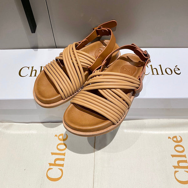 CHLOÉ CROSS STRAP SANDAL IN BRONZE BROWN RUBBER WITH GOLD HARDWARE