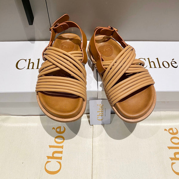 CHLOÉ CROSS STRAP SANDAL IN BRONZE BROWN RUBBER WITH GOLD HARDWARE
