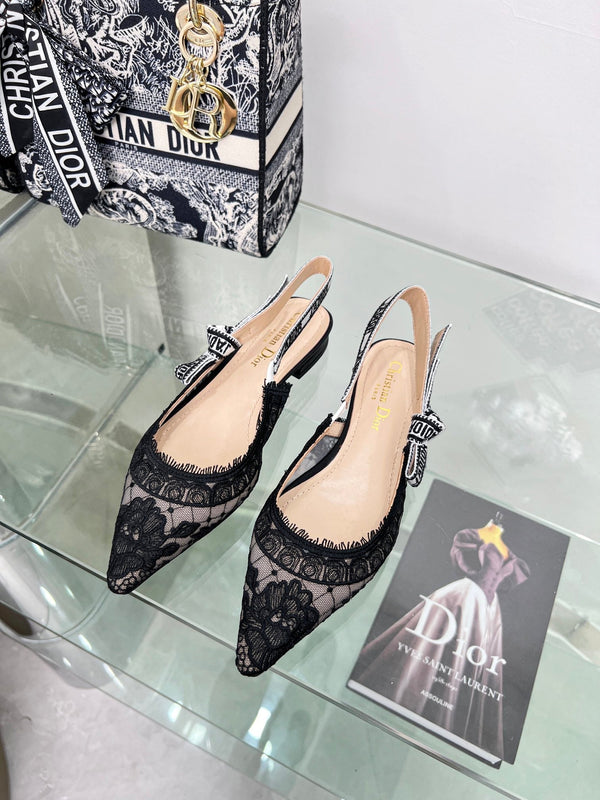 cd slingback flat transparent mesh embroidered black flower moitf