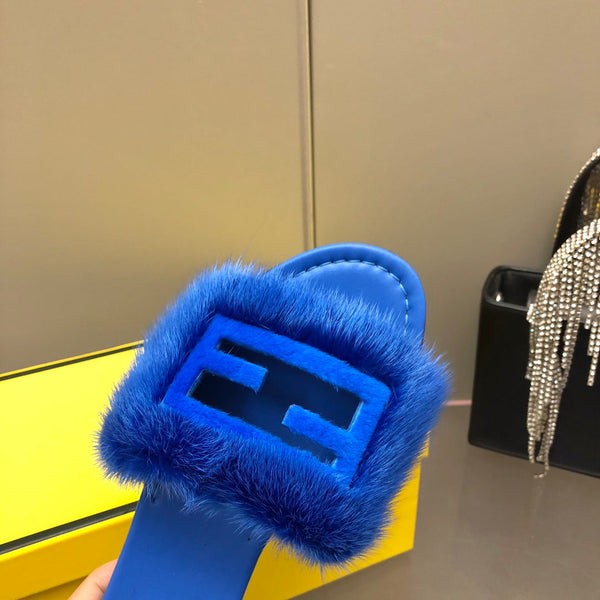 FENDI BAGUETTE MINK SLIDE SLIPPER IN AZURE BLUE FUR