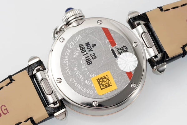 pasha 30mm quartz pink gold white dial black leather