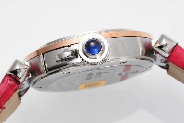 pasha 30mm quartz pink gold white dial red leather