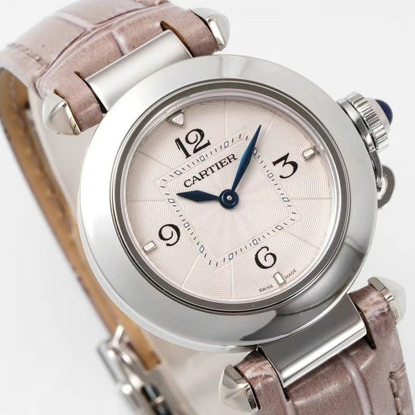 pasha 30mm quartz stainless steel pink dial light brown leather