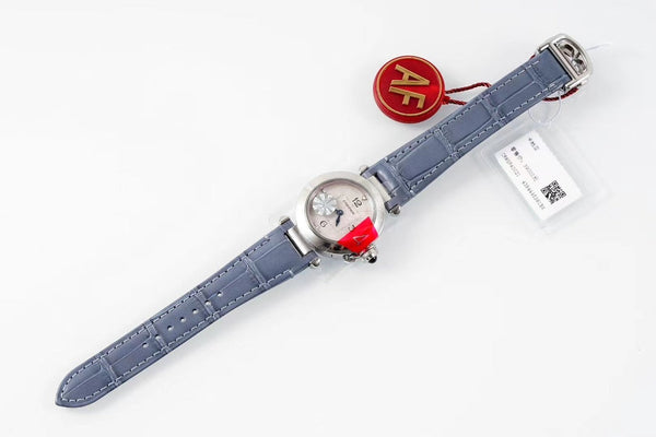 pasha 30mm quartz stainless steel white dial cloud blue leather