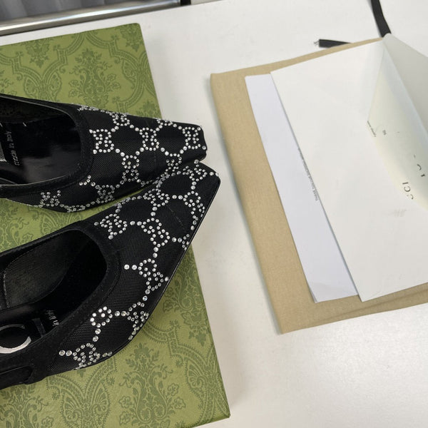 décolleté con cinturino posteriore 85 in rete nera con cristalli bianchi