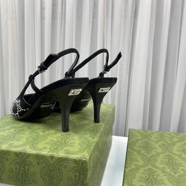 décolleté con cinturino posteriore 85 in rete nera con cristalli bianchi