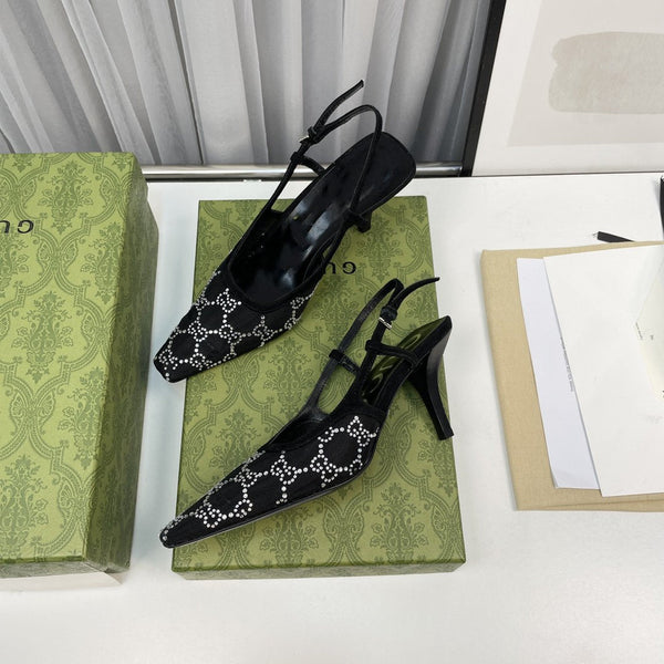 décolleté con cinturino posteriore 85 in rete nera con cristalli bianchi