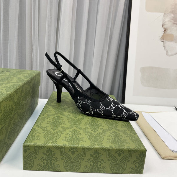 décolleté con cinturino posteriore 85 in rete nera con cristalli bianchi