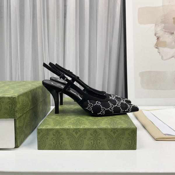 décolleté con cinturino posteriore 85 in rete nera con cristalli bianchi