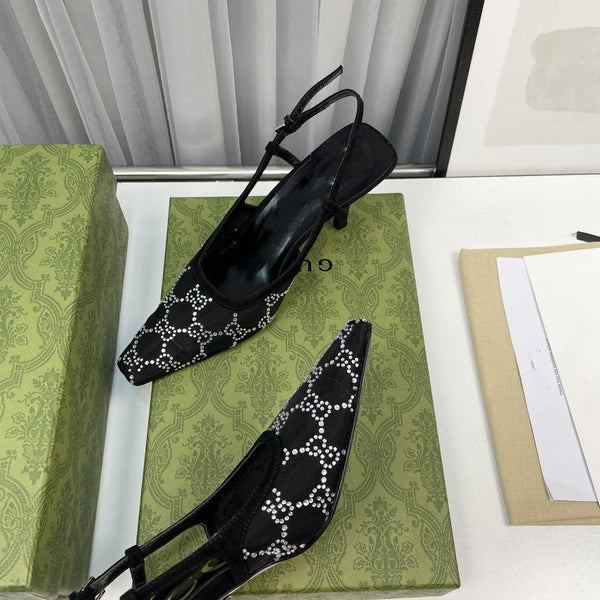 décolleté con cinturino posteriore 85 in rete nera con cristalli bianchi