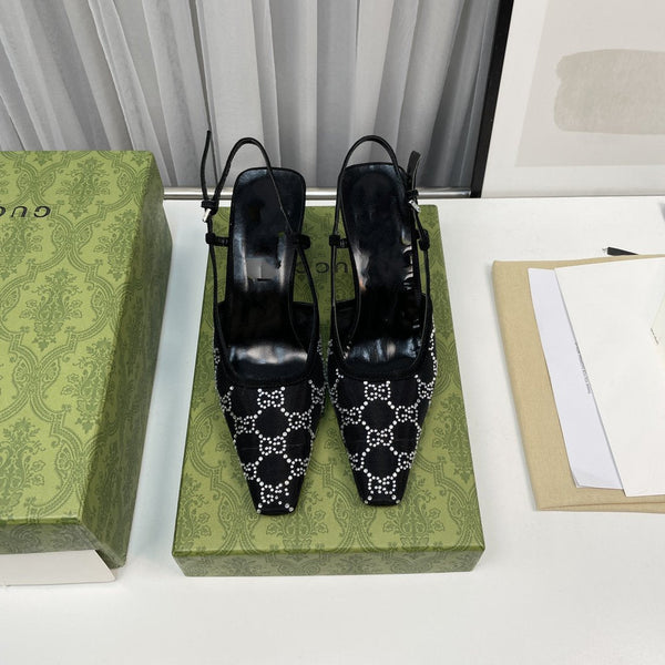 décolleté con cinturino posteriore 85 in rete nera con cristalli bianchi