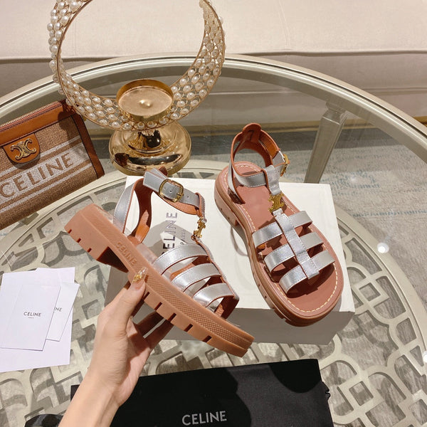 CL Clea Triomphe Gladiator Sandal 40mm Silver Metallic Mix Tan Calfskin 600367