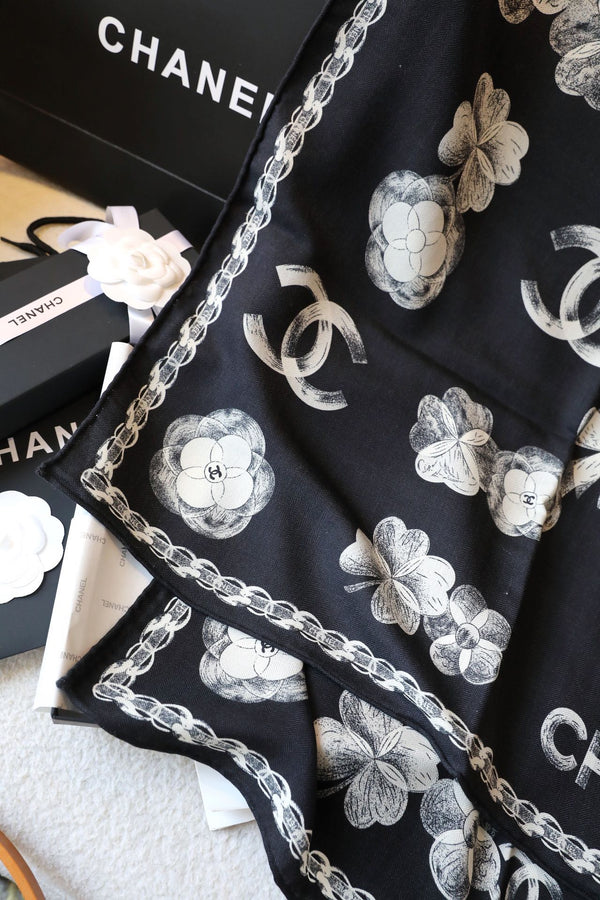 SCIARPA 180 CM IN SETA E CASHMERE CON MONOGRAMMA A FIORI NERI 401134