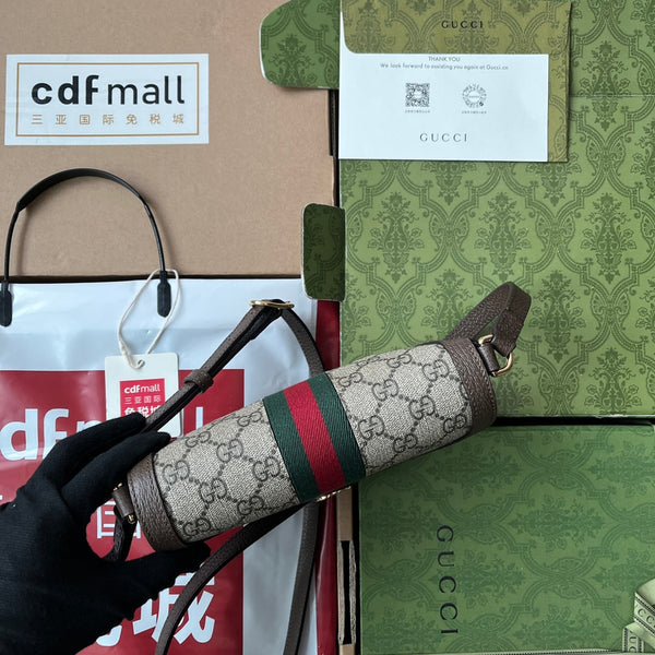 BORSA A TRACOLLA MINI OPHIDIA 20 CON WEB IN TELA BEIGE EBANO MIX PELLE DI VITELLO MARRONE