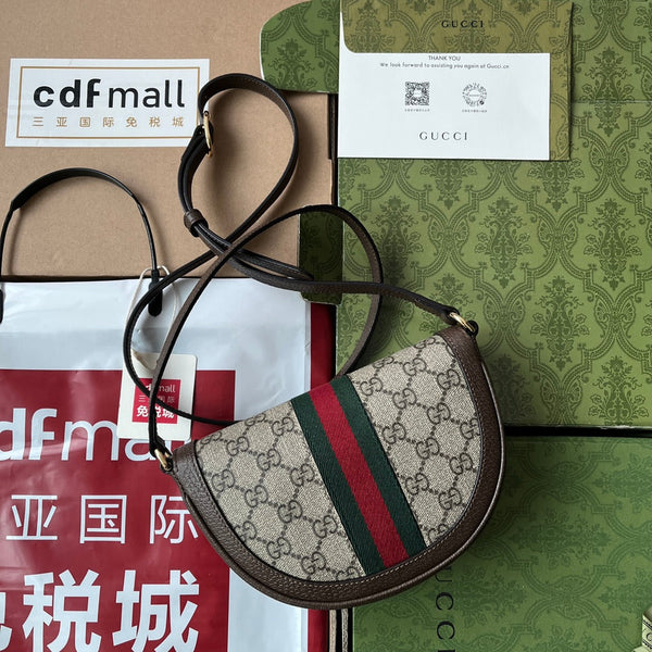 BORSA A TRACOLLA MINI OPHIDIA 20 CON WEB IN TELA BEIGE EBANO MIX PELLE DI VITELLO MARRONE