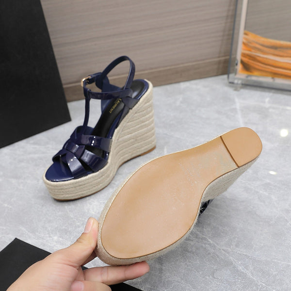 SANDALI CON ZEPPA SL TRIBUTE IN PELLE DI VITELLO LUCIDA BLU MARINO