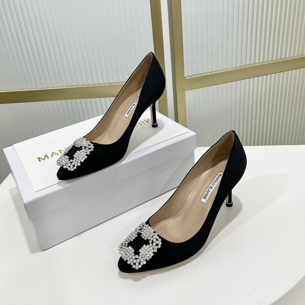Manolo Hangisi Black Satin Jewel Buckle Pump 95