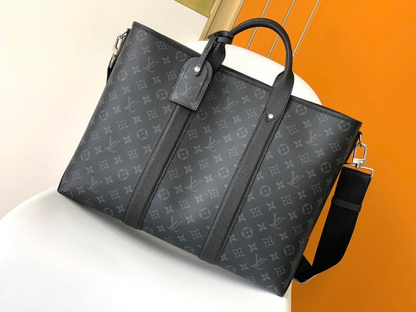 LV The Weekend Tote Bag 43cm Black Monogram Canvas & Taïga Leather