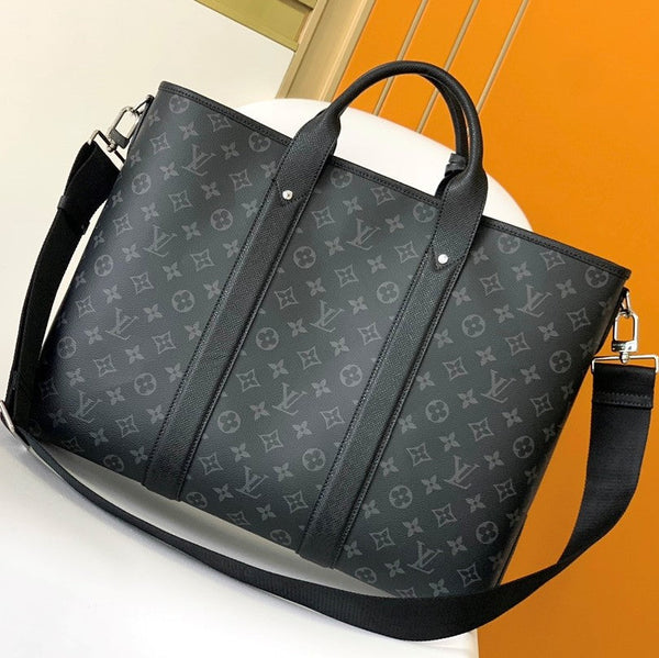 LV The Weekend Tote Bag 43cm Black Monogram Canvas & Taïga Leather