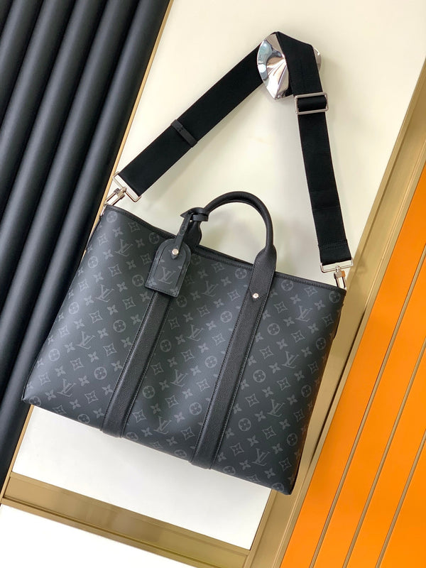 LV The Weekend Tote Bag 43cm Black Monogram Canvas & Taïga Leather