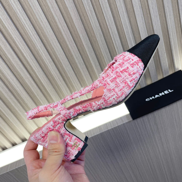 CC Slingbacks Light Pink Mix White Tweed Black Grosgrain 399331