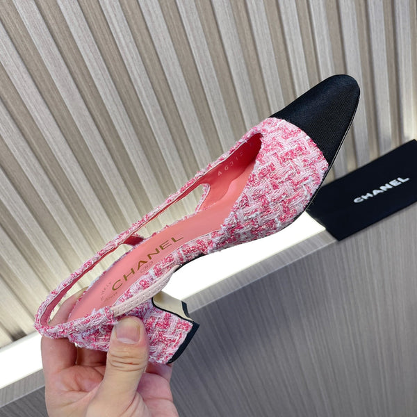 CC Slingbacks Light Pink Mix White Tweed Black Grosgrain 399331