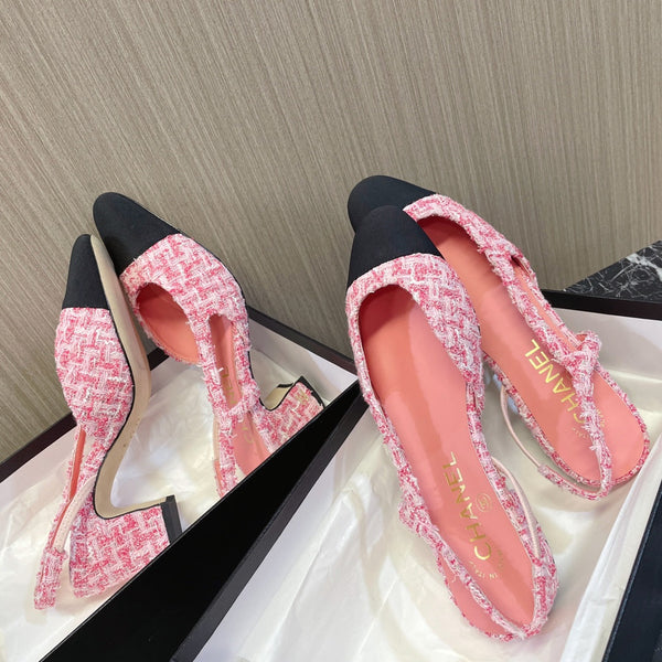 CC Slingbacks Light Pink Mix White Tweed Black Grosgrain 399331