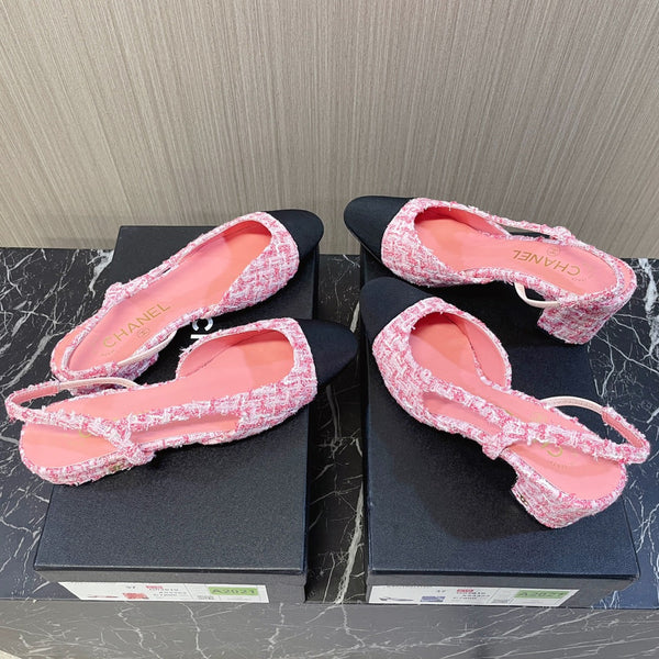 CC Slingbacks Light Pink Mix White Tweed Black Grosgrain 399331