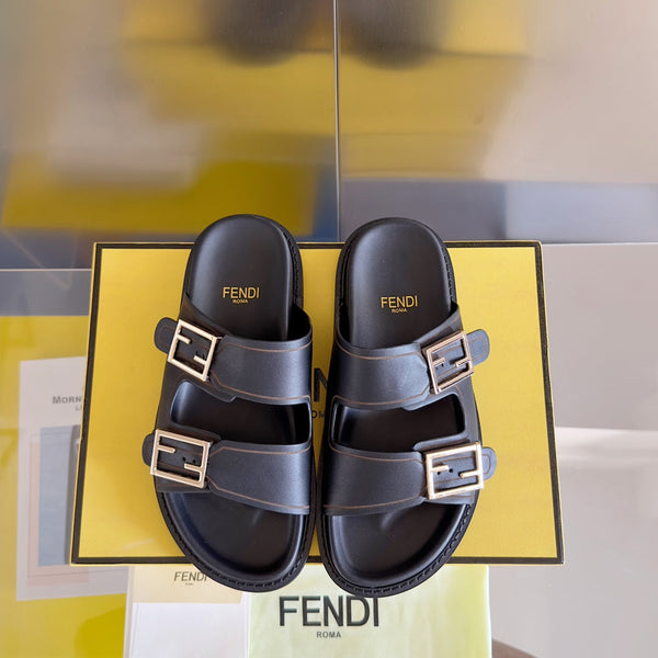 FENDI BAGUETTE DAD SANDALS IN BLACK CALFSKIN WITH GOLD HARDWARE
