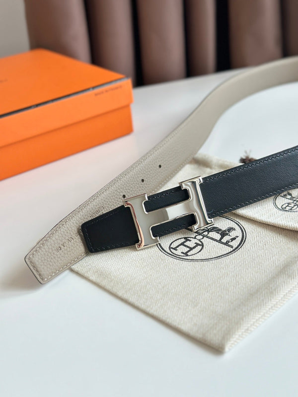 HM Silver H Buckle & Reversible 32mm Belt Beige mix Black leather 124653