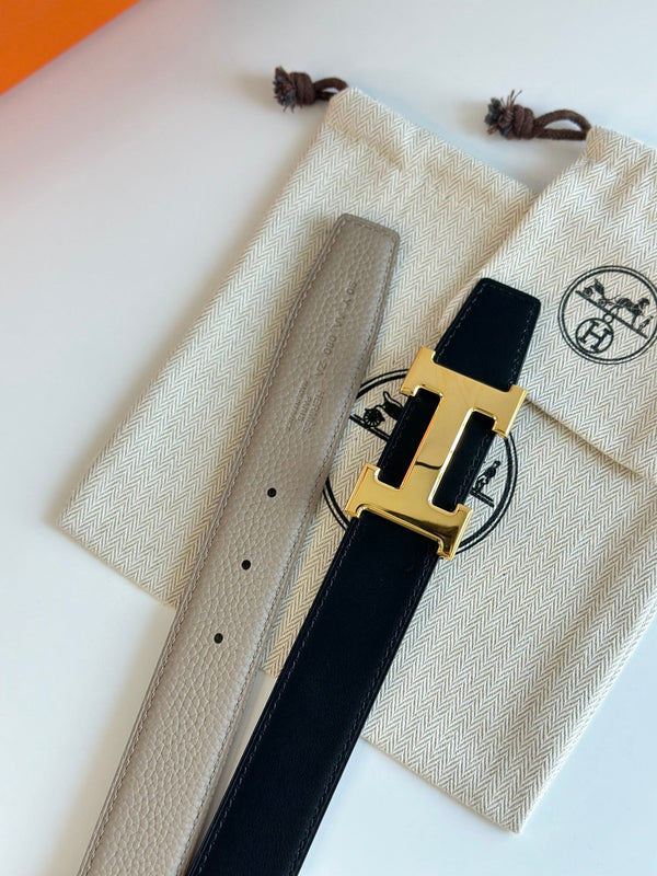 HM Gold H Buckle & Reversible 32mm Belt Beige mix Black leather 124654