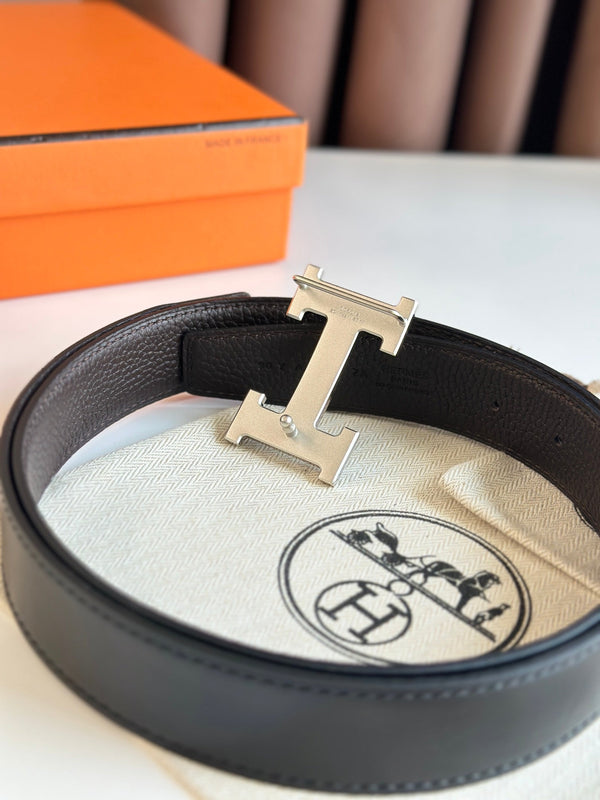 HM Silver H Buckle & Reversible 32mm Belt Black Ebony leather 124644