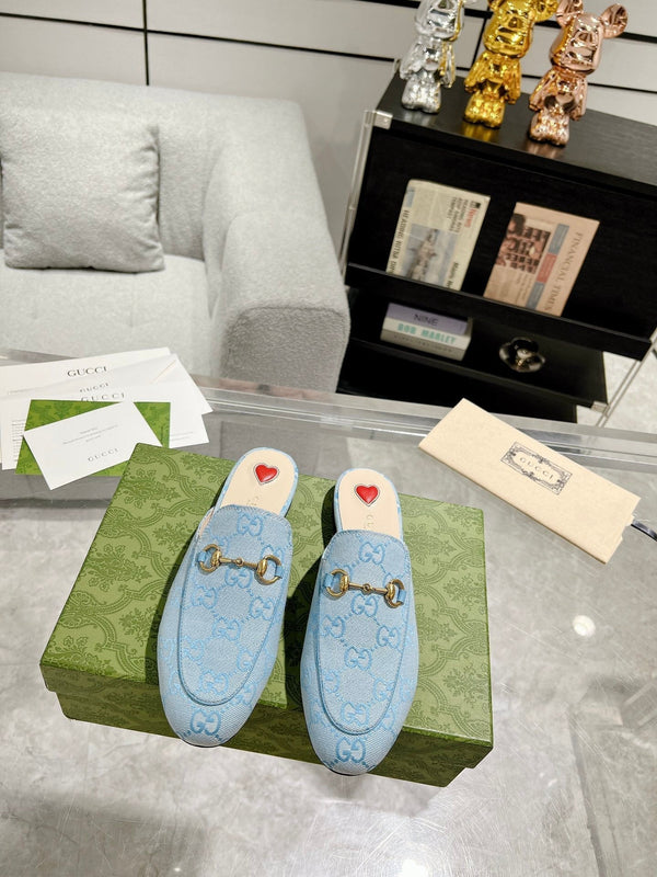 MEN'S MULE WITH HORSEBIT IN LIGHT BLUE MONOGRAM JACQUARD FABRIC