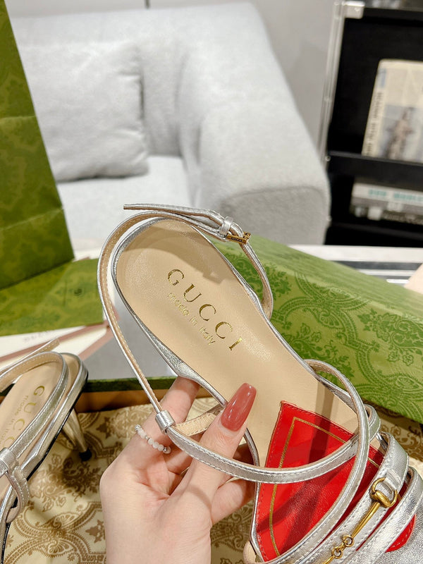 SANDALO GG CLASSIC CON TACCO A CINTURINI IN PELLE DI VITELLO ARGENTO