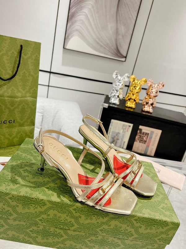 SANDALO GG CLASSIC CON TACCO A CINTURINI IN PELLE DI VITELLO ORO METALLIZZATO