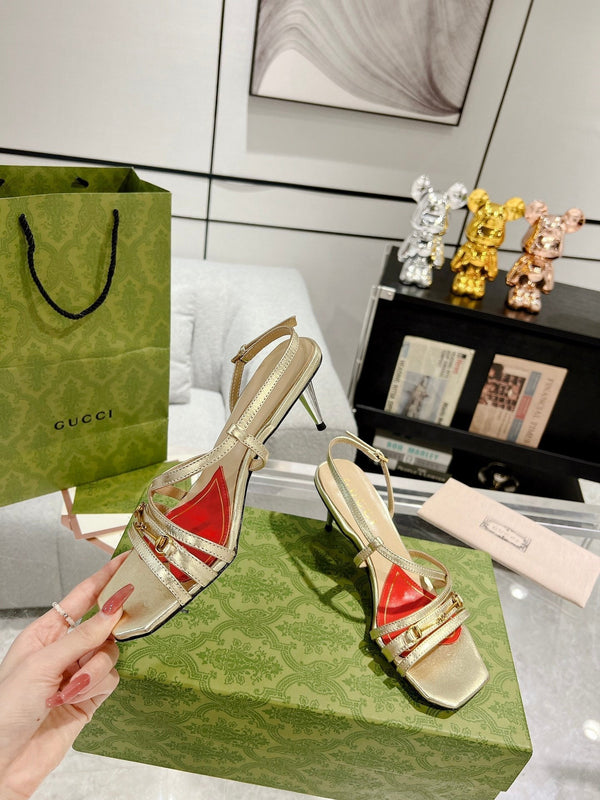 SANDALO GG CLASSIC CON TACCO A CINTURINI IN PELLE DI VITELLO ORO METALLIZZATO