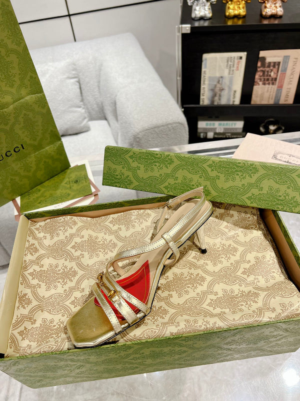 SANDALO GG CLASSIC CON TACCO A CINTURINI IN PELLE DI VITELLO ORO METALLIZZATO