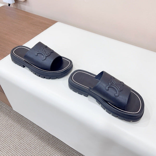 LEA TRIOMPHE PLATFORM SLIDES WOMEN VEGETABLE TANNED CALFSKIN BLACK