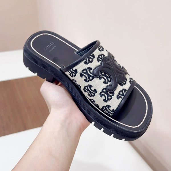 LEA TRIOMPHE PLATFORM SLIDES WOMEN VEGETABLE TANNED CALFSKIN BLACK/WHITE