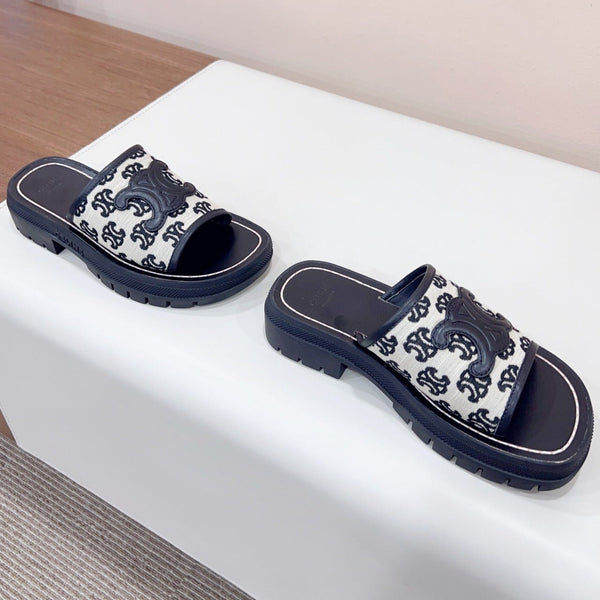 LEA TRIOMPHE PLATFORM SLIDES WOMEN VEGETABLE TANNED CALFSKIN BLACK/WHITE