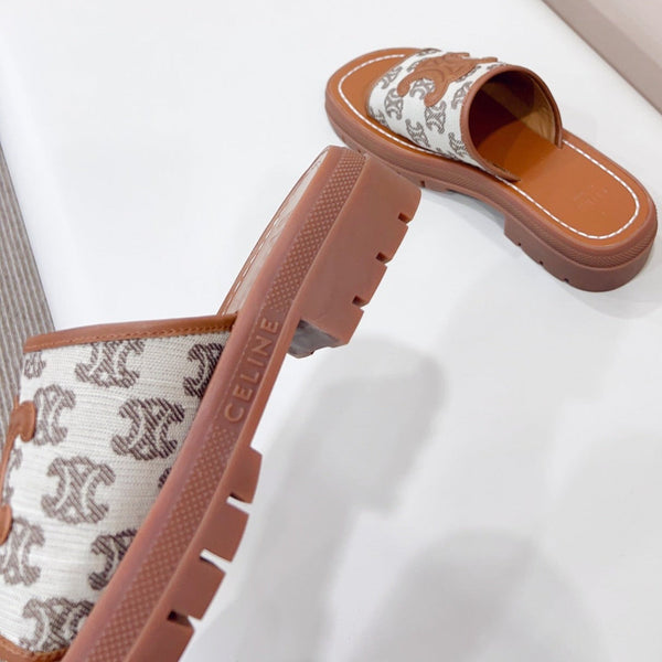 LEA TRIOMPHE PLATFORM SLIDES WOMEN VEGETABLE TANNED CALFSKIN BROWN/WHITE