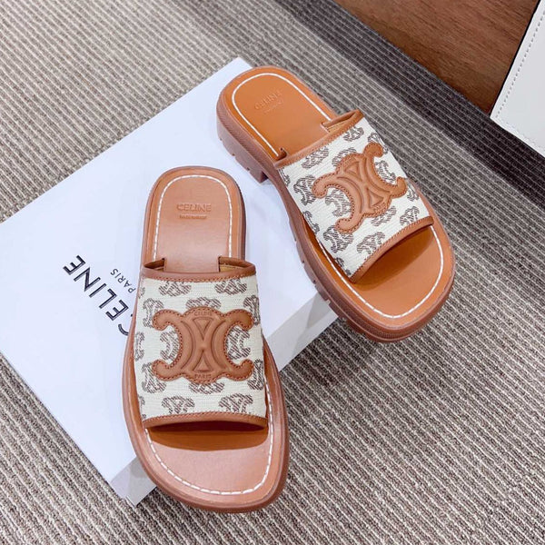 LEA TRIOMPHE PLATFORM SLIDES WOMEN VEGETABLE TANNED CALFSKIN BROWN/WHITE