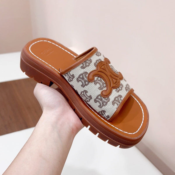 LEA TRIOMPHE PLATFORM SLIDES WOMEN VEGETABLE TANNED CALFSKIN BROWN/WHITE