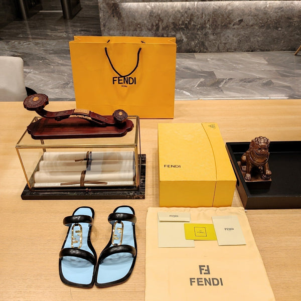 FENDI O'LOCK SLIDES BLACK AND LIGHT BLUE CALFSKIN WITH GOLD HARDWARE