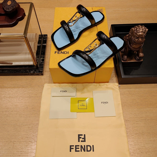FENDI O'LOCK SLIDES BLACK AND LIGHT BLUE CALFSKIN WITH GOLD HARDWARE