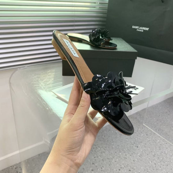 Alaia 25 Flower Slippers Glossy Black Sheepskin 293160