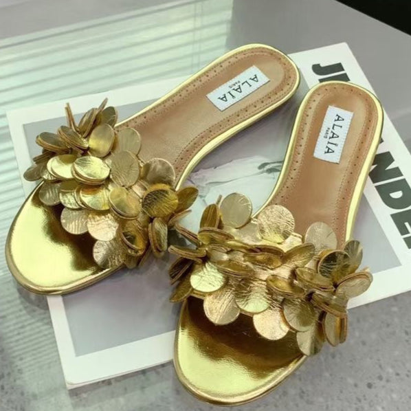 Alaia 25 Flower Slippers Gold Sheepskin 293162