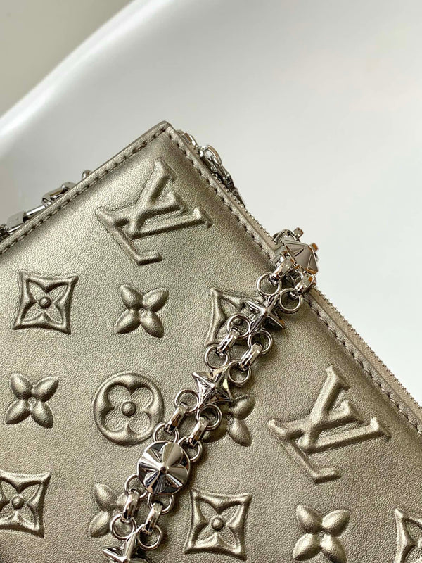 LV Lexington Pochette Shoulder Bag 21.5 Metallic Sliver Monogram Embossed Cafskin
