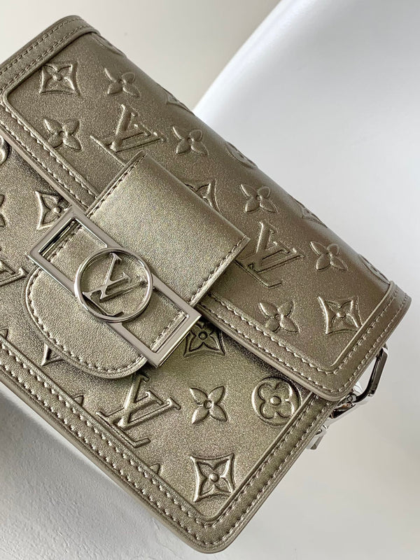 LV Dauphine Bag 20cm Metallic Sliver Monogram Embossed Cafskin
